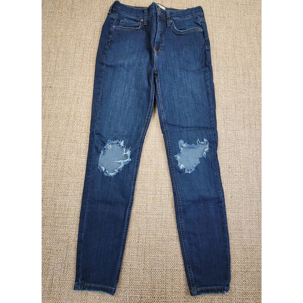 Free People Jeans Womens Size 28 Dark Wash Skinny‎ Busted Knee Mid Rise Stretch